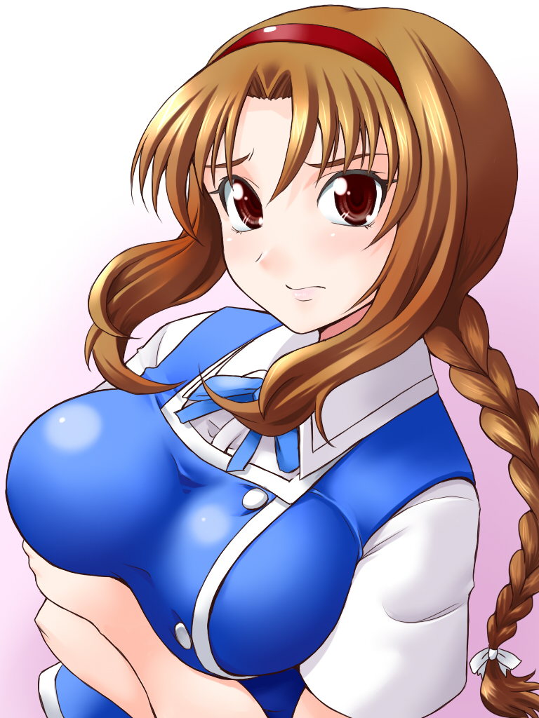 1girl braid breasts brown_eyes brown_hair crossed_arms d-frag! female_focus gradient_background hairband large_breasts long_hair school_uniform solo takao_(d-frag!) yaso_shigeru