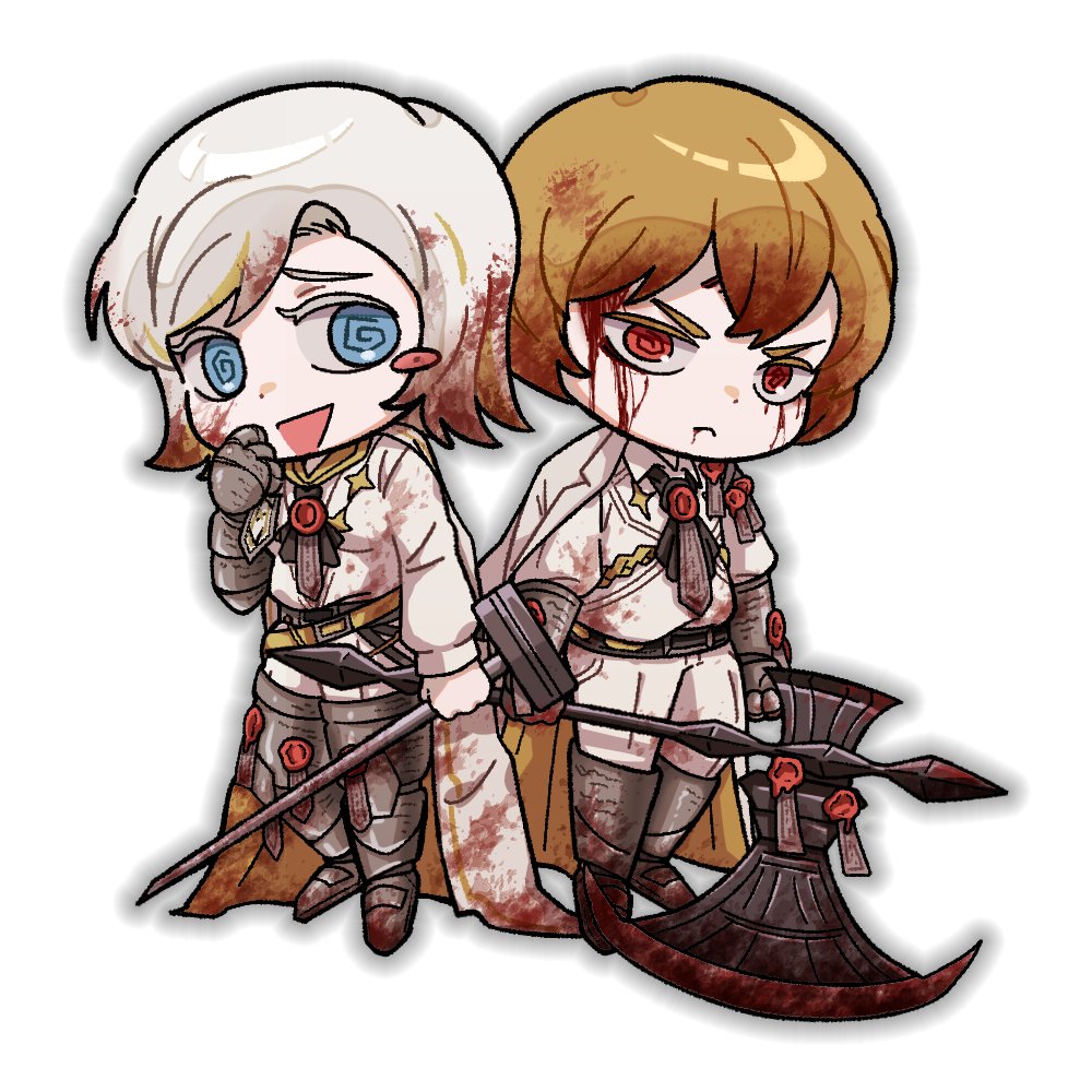 1boy 1girl armored_boots axe blonde_hair blood blood_on_clothes blood_on_face blood_on_feet blue_eyes blush_stickers boots closed_eyes coat coat_on_shoulders faust_(project_moon) full_body holding holding_axe jacket limbus_company multicolored_hair n_corp._fanatic_(identity)_(project_moon) open_mouth pants project_moon short_hair sinclair_(project_moon) single_blush_sticker smile streaked_hair thigh_boots uuu_(gyojamandu) white_coat white_hair white_jacket white_pants yellow_eyes