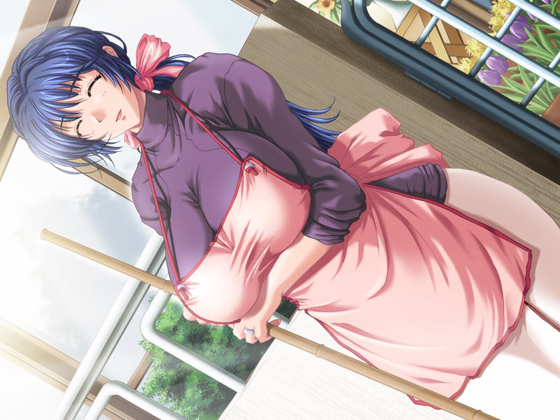 13cm 1girl aiba_nanako anata_to_mita_sakura apron blue_hair bow breasts broom female_focus housewife large_breasts mature_female smile solo tagme