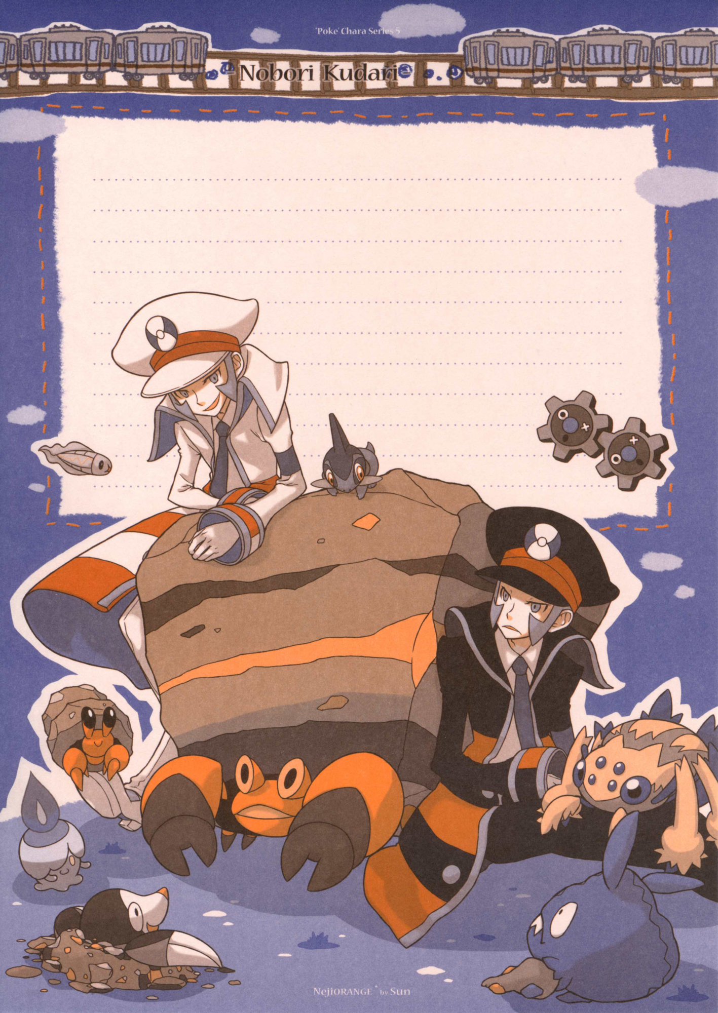 2boys axew black_coat black_hat black_pants brothers coat collared_shirt crustle dotted_line drilbur dwebble emmet_(pokemon) galvantula gen_5_pokemon gloves grey_eyes grin hat high_collar highres ingo_(pokemon) klinklang long_sideburns long_sleeves male_focus multiple_boys necktie neji-orange nintendo pants peaked_cap pokemon pokemon_(creature) pokemon_bw shirt short_hair siblings sideburns smile stationery striped_coat subway trench_coat trubbish twins tympole white_coat white_footwear white_gloves white_shirt
