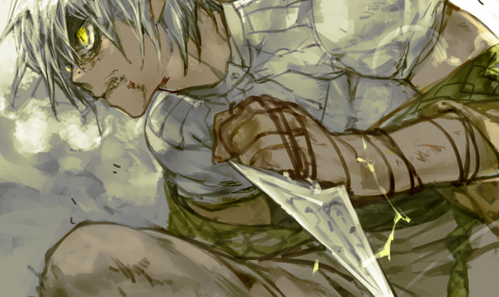 1boy bags_under_eyes bandaged_arm bandages blood blood_on_face brown_shorts buttons clenched_teeth collared_shirt commentary_request cowboy_shot dagger determined electricity fighting_stance frilled_shorts frills green_shawl high-waist_shorts holding holding_dagger holding_knife holding_weapon ja&#039;far_(magi) knife looking_ahead magi_the_labyrinth_of_magic male_focus on_one_knee plaid_clothes plaid_shawl puffy_short_sleeves puffy_sleeves shawl shirt shishio_(shishio5431) short_hair short_sleeves shorts smoke solo striped_clothes striped_shirt teeth vertical-striped_clothes vertical-striped_shirt weapon white_hair white_shirt yellow_eyes