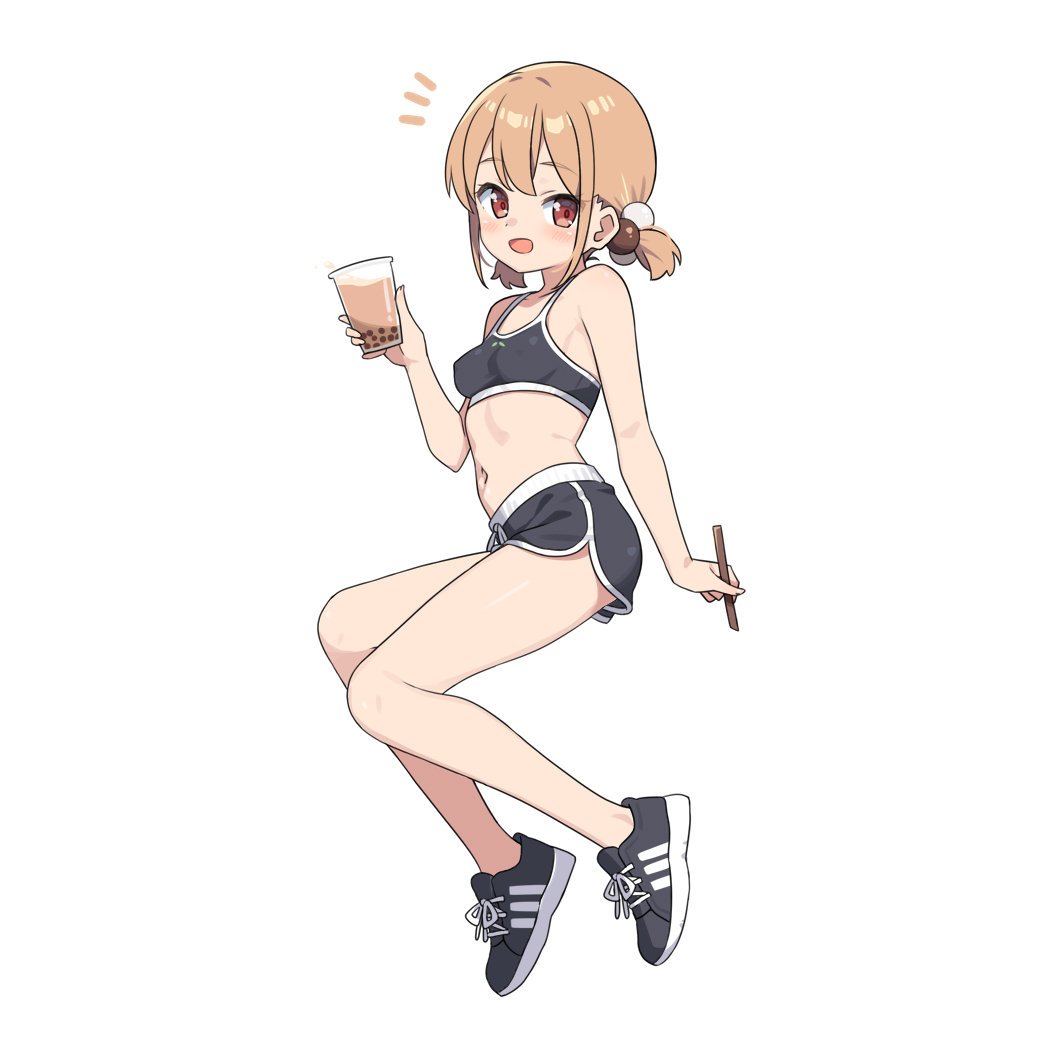 1girl :d bare_arms bare_shoulders black_shoes black_shorts breasts brown_hair bubble_tea commentary_request cup disposable_cup dolphin_shorts drinking_straw full_body hair_bobbles hair_ornament hatsunatsu holding holding_cup looking_at_viewer low_twintails navel no_socks notice_lines open_mouth red_eyes shoes short_shorts short_twintails shorts simple_background small_breasts smile solo twintails white_background xiaoyuan_(you_can_eat_the_girl) you_can_eat_the_girl