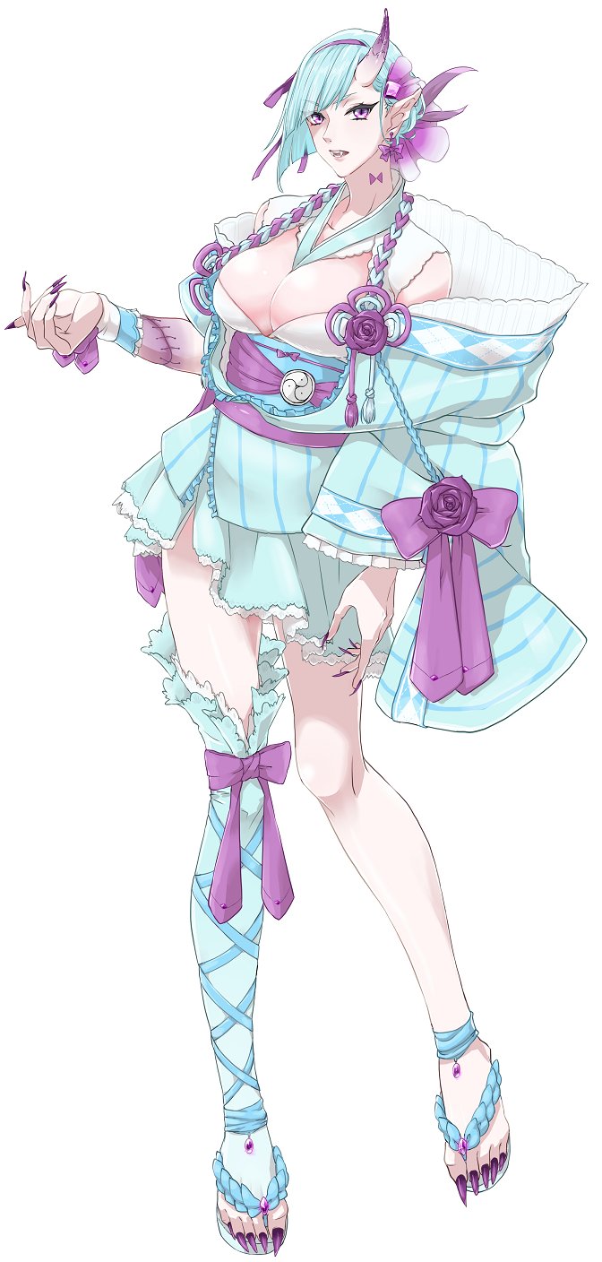 1girl alcremie alcremie_(mint_cream) aqua_hair asrbpy bow breasts cleavage earrings fangs gen_8_pokemon hair_ribbon highres horns jewelry long_sleeves looking_at_viewer medium_breasts nail_polish nintendo oni_horns personification pointy_ears pokemon purple_bow purple_eyes purple_nails purple_ribbon ribbon sandals single_thighhigh standing thighhighs toenails