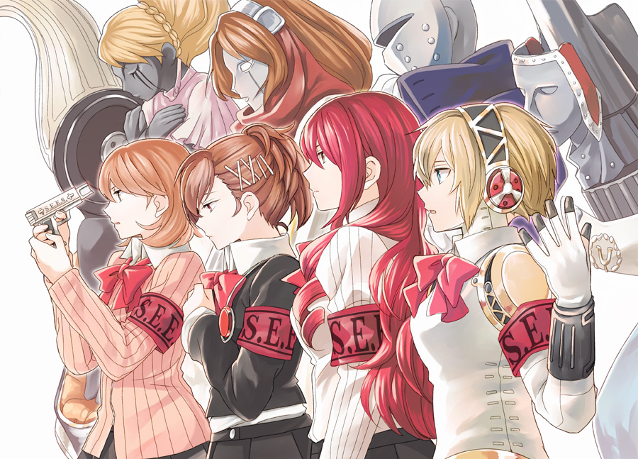 4girls aigis_(persona) android armband bad_id bad_pixiv_id blonde_hair blue_eyes bow brown_hair crossed_arms evoker closed_eyes hair_ornament hair_up hairband hairclip headband headphones headphones_removed helmet io_(megami_tensei) kirijou_mitsuru kuro_ya lineup long_hair mask multiple_girls open_mouth orpheus_(persona) palladion penthesilea persona persona_3 persona_3_portable profile red_eyes red_hair ribbed_sweater school_uniform shiomi_kotone short_hair sweater takeba_yukari tokitou_fuji white_background white_eyes