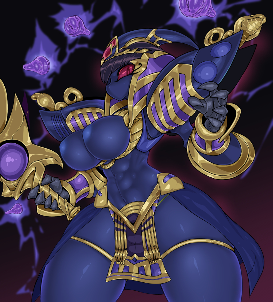 1girl abs ancient_egyptian_clothes android armor artificial_vagina black_hair blue_skin breasts claws cleopatra_qubeley colored_sclera colored_skin cowboy_shot eye_of_horus framed_breasts gundam hands_up holding jewelry large_breasts narrow_waist navel nipples no_mouth pauldrons pelvic_curtain pochincoff red_eyes red_sclera robot sd_gundam sd_gundam_world_heroes sex_toy shoulder_armor skindentation slit_pupils solo standing thighlet veil
