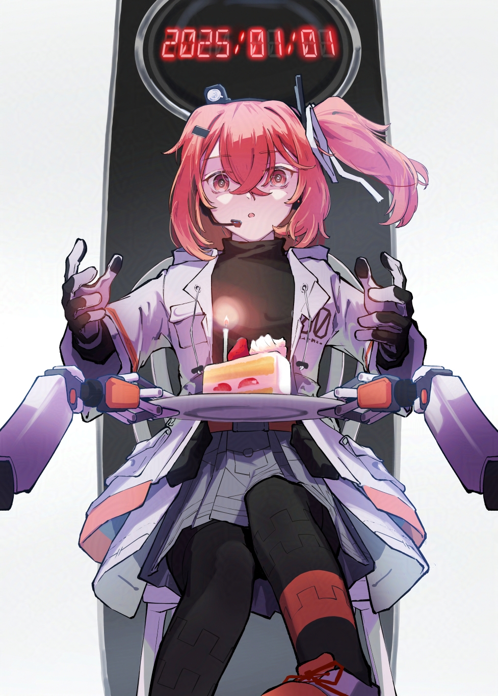 1girl a.i._voice adachi_rei birthday black_gloves black_pantyhose black_shoes cake cake_slice candle chair countdown countdown_timer food gloves grey_skirt hair_between_eyes hair_ribbon headlamp highres jacket microphone on_chair open_clothes open_jacket orange_eyes pantyhose radio_antenna ribbon shirt shoes side_ponytail sitting skirt sneakers solo teckinder utau white_background white_jacket white_ribbon