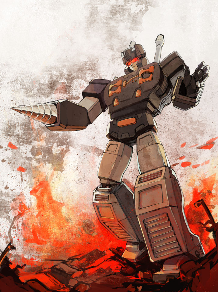 all_hail_megatron bad_id bad_pixiv_id debris drill fire frenzy_(transformers) loghtan mecha no_humans red_eyes robot rumble_(transformers) transformers