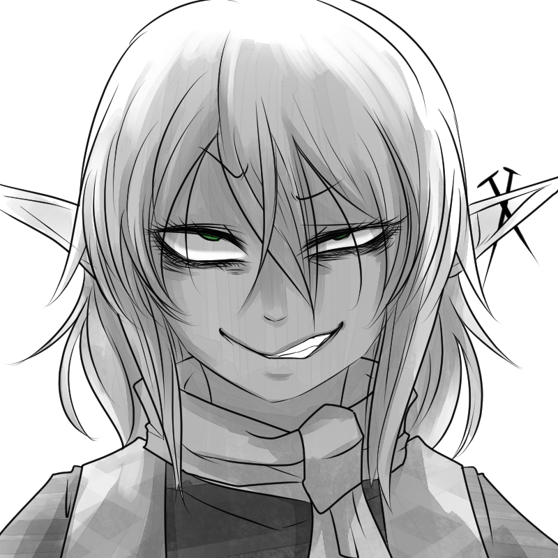 1girl bags_under_eyes green_eyes grin hair_between_eyes long_bangs looking_at_viewer mizuhashi_parsee pointy_ears raised_eyebrow scarf sei_no_ji shirt short_hair simple_background smile solo touhou upper_body