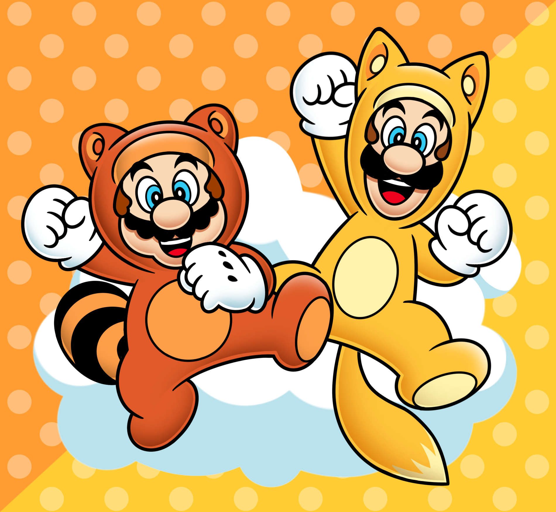 2boys animal_ears blue_eyes brothers bug facial_hair fly full_body gloves grin hand_up highres insect kitsune_luigi looking_at_viewer luigi mario mario_(series) multiple_boys mustache nintendo open_mouth raccoon_ears raccoon_mario raccoon_tail siblings smile super_mario_3d_land super_mario_bros._3 tail tanooki_mario