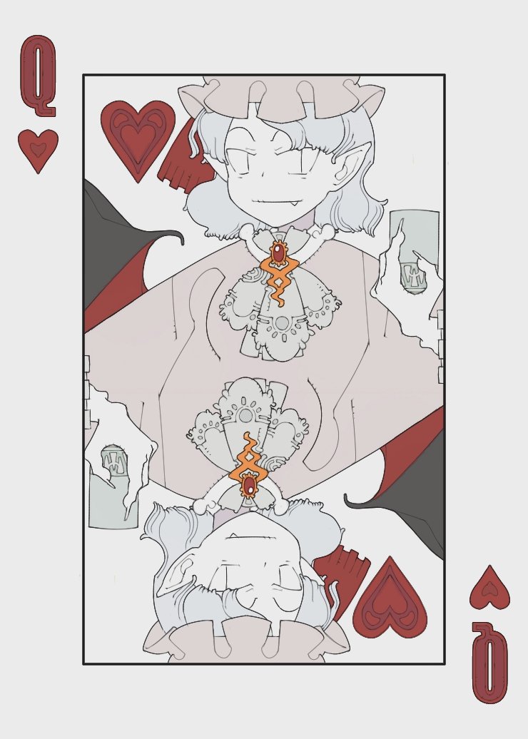 1girl ascot bat_wings bolos bow brooch claws collared_shirt cup fang fang_out frilled_sleeves frills grey_hair hat hat_ribbon heart heart_card holding holding_cup jewelry mob_cap pink_headwear pink_shirt queen_(playing_card) queen_of_hearts_(playing_card) red_bow red_ribbon remilia_scarlet ribbon shirt short_hair slit_pupils touhou wings