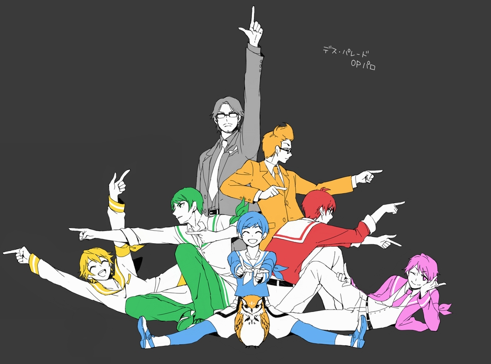 10s 6+boys :d ;) amagi_ikuma arm_up armband bandana bird cat_(shounen_hollywood) closed_eyes death_parade facial_hair flyers_(death_parade) formal_clothes glasses grey_background hiiragi_tsuyoto idol kazami_kakeru leggings lying maiyama_shun male_focus miya_(38_okho) mole mole_under_eye multiple_boys necktie on_side one_eye_closed open_mouth owl pointing saeki_kira sailor_collar sailor_shirt shirt shounen_hollywood simple_background smile suit teshigawara_kyouichi tomii_saiki