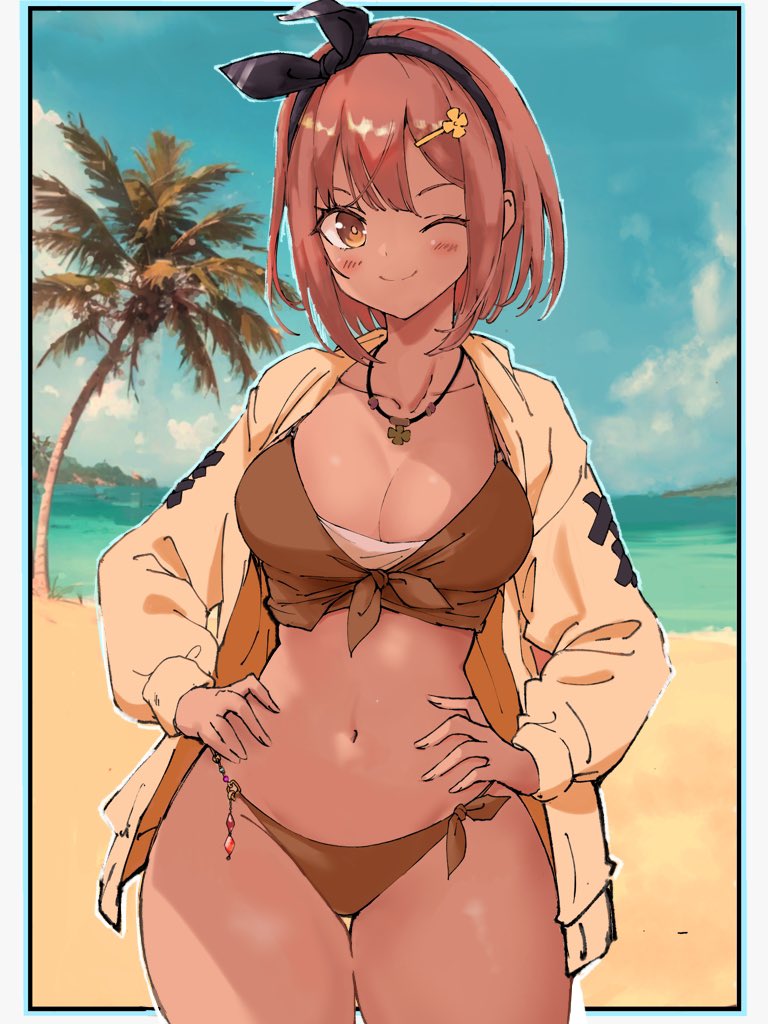 1girl ;) atelier_(series) atelier_ryza beach bikini black_bow black_hairband blush bow bow_hairband breasts brown_bikini brown_eyes brown_hair brown_jacket cleavage cowboy_shot front-tie_bikini_top front-tie_top hair_ornament hairband hairclip hands_on_own_hips jacket jewelry kajino_(aosansai) large_breasts looking_at_viewer navel necklace one_eye_closed open_clothes open_jacket reisalin_stout short_hair side-tie_bikini_bottom smile solo stomach swimsuit tan thigh_gap thighs