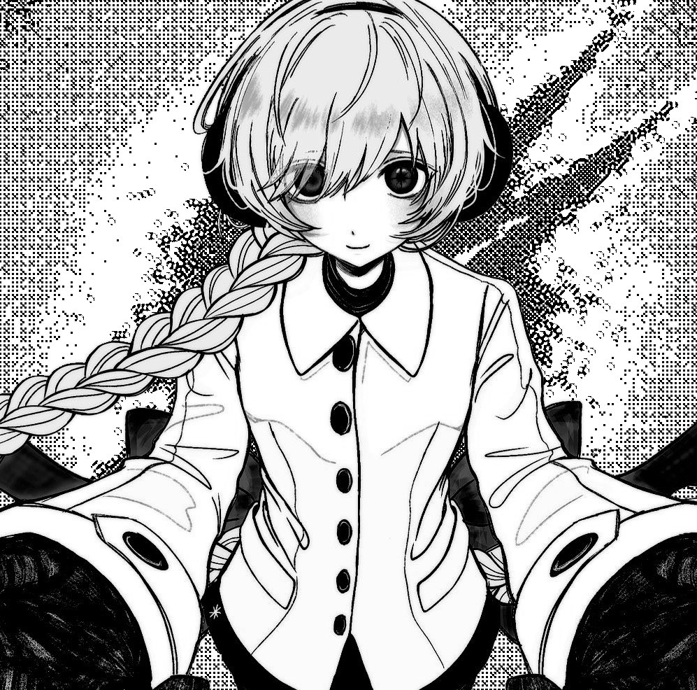 1girl abstract_background beckoning blush buttons closed_mouth coat commentary_request cowboy_shot dithering earmuffs foreshortening gloves greyscale hair_over_shoulder long_hair long_sleeves looking_at_viewer miniskirt monochrome outstretched_arms sekka_yufu shirt skirt smile solo straight-on utau wada140 winter_clothes winter_coat