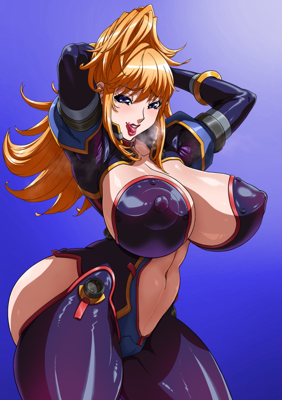arms_up blonde_hair blue_eyes bodysuit breasts choujuushin_gravion choujuushin_gravion_zwei huge_breasts long_hair naughty_face numahana tachibana_mizuki thick_thighs thighs