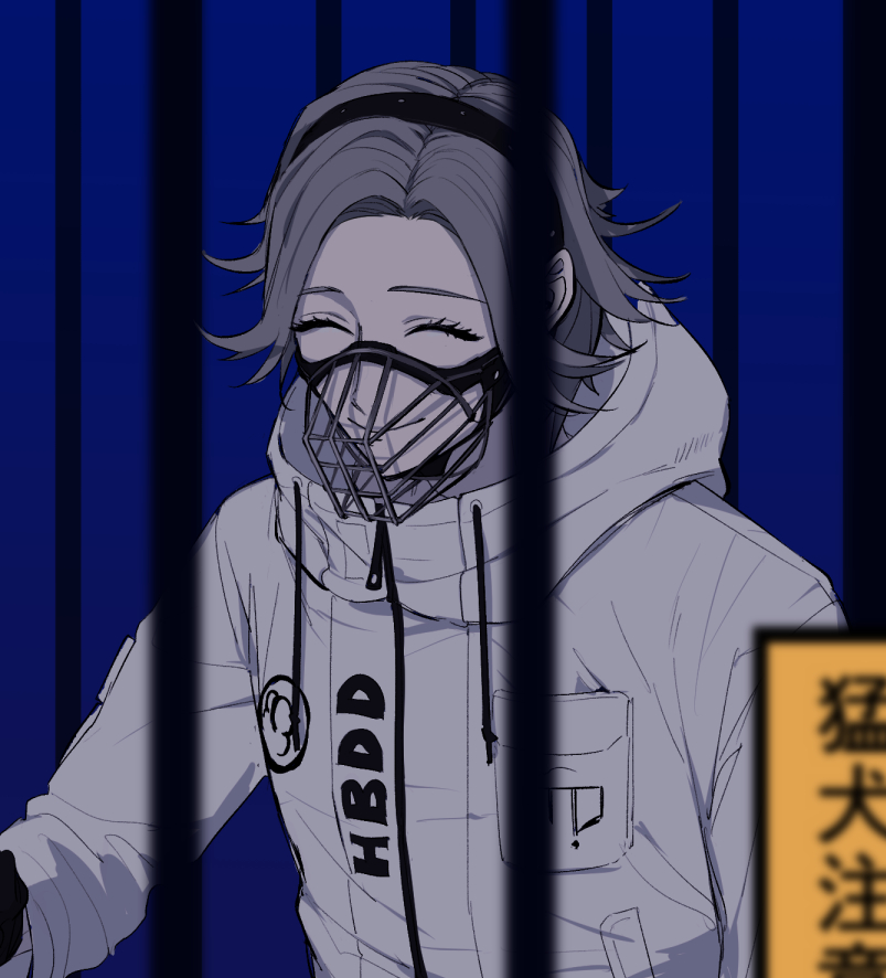 1boy ^_^ aotsuki_eito blue_background breast_pocket cage closed_eyes drawstring facing_viewer gloves grey_hair in_cage jacket male_focus muzzle_(mask) pocket seiran_yoroz short_hair smile solo spoilers the_hundred_line_-last_defense_academy- white_jacket