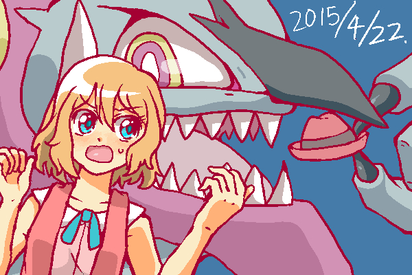1boy 1girl 2015 blonde_hair blush claws dated fangs gen_6_pokemon giant hat hoopa hoopa_(unbound) horns legendary_pokemon looking_at_another mythical_pokemon nintendo open_mouth pokemon pokemon_(anime) pokemon_(creature) pokemon_the_movie:_hoopa_and_the_clash_of_ages pokemon_xy_(anime) serena_(pokemon) sharp_teeth short_hair teeth tokunogawa