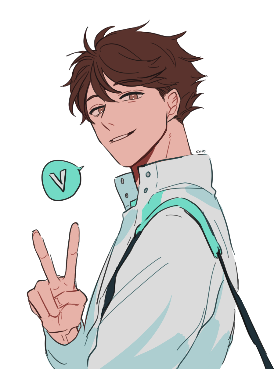1boy bag brown_eyes brown_hair collared_jacket colored_speech_bubble com_(com0107) commentary haikyuu!! hand_up highres jacket looking_at_viewer male_focus oikawa_tooru_(haikyuu!!) open_collar popped_collar shoulder_bag simple_background smile solo speech_bubble spoken_v teeth upper_body v white_background white_jacket