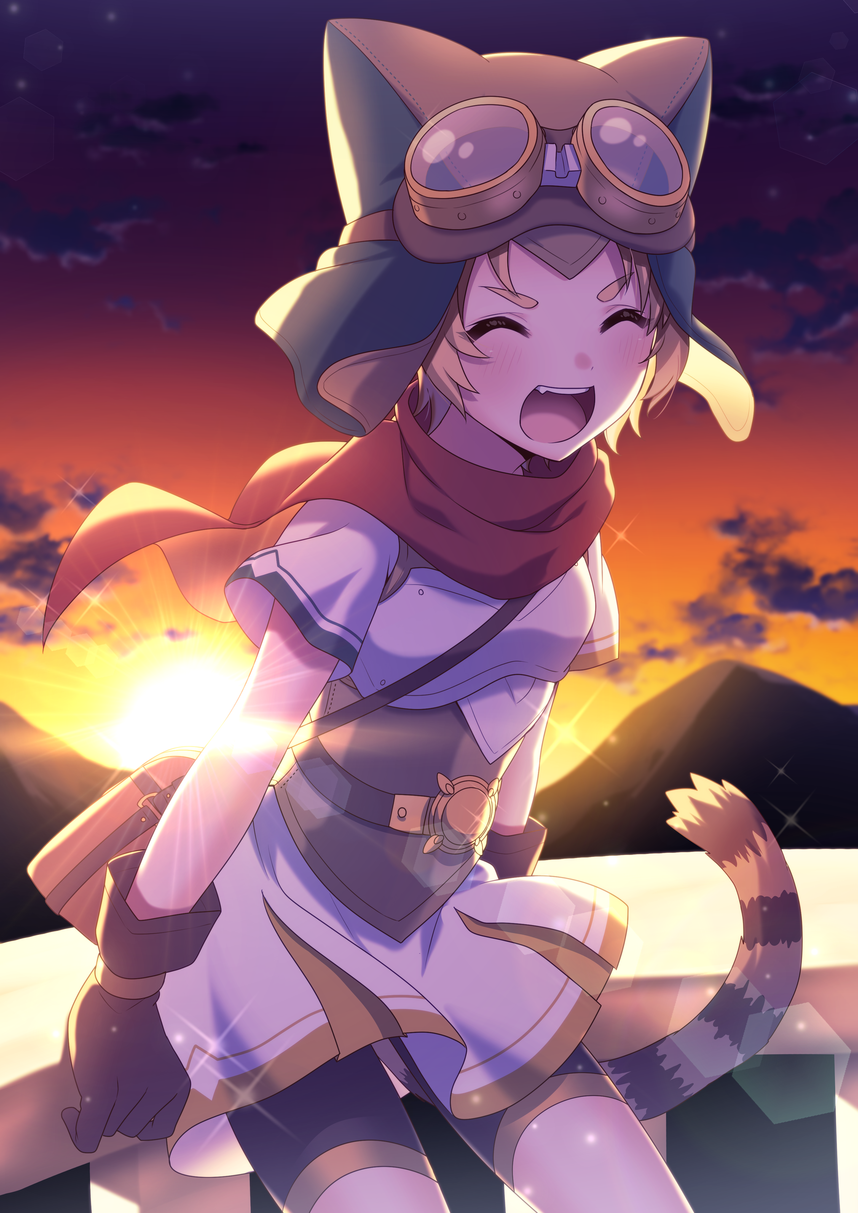 1girl :d ^_^ absurdres animal_hat arm_support armor bad_id bad_pixiv_id bike_shorts black_gloves black_shorts blurry blurry_background blush breastplate breasts brown_hair brown_hat cape closed_eyes commentary_request depth_of_field fang female_focus gloves goggles goggles_on_head hat highres ichiren_namiro matsuri_(princess_connect!) mountain on_railing open_mouth outdoors pleated_skirt princess_connect! railing red_cape shirt short_hair short_shorts short_sleeves shorts shorts_under_skirt sitting skirt small_breasts smile solo sparkle striped_tail sun sunset tail teeth upper_teeth_only v-shaped_eyebrows white_shirt white_skirt