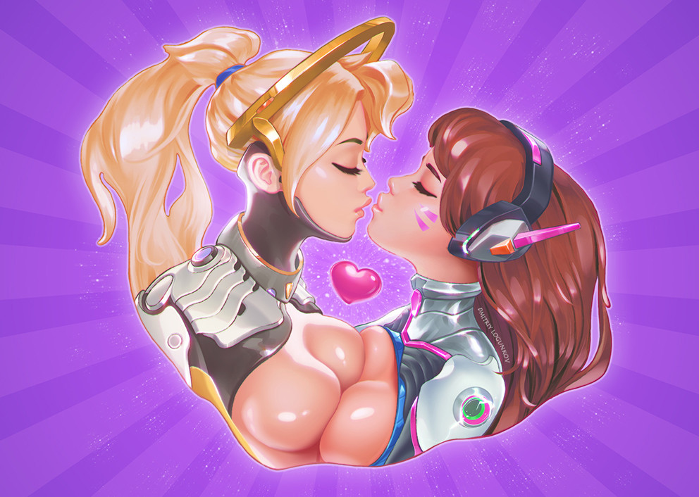 2girls blonde_hair breast_press breasts brown_hair closed_eyes d.va_(overwatch) facial_mark headphones heart imminent_kiss logunkov logunkov long_hair mercy_(overwatch) multiple_girls overwatch overwatch_1 ponytail purple_background yuri
