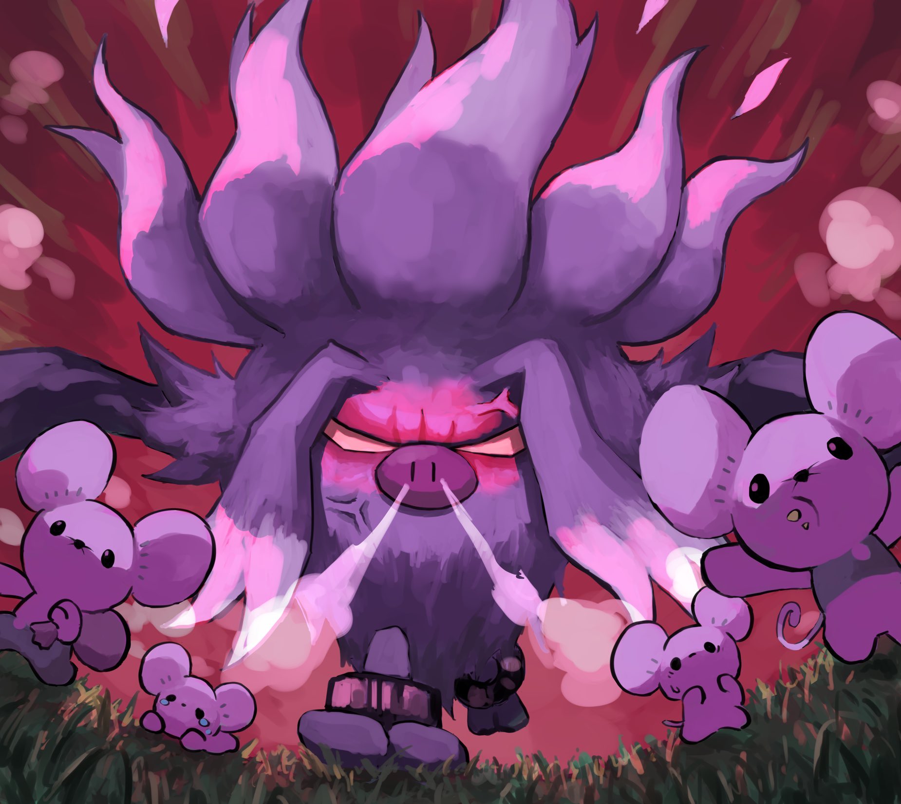 anger_vein angry animal_focus annihilape commentary eve_malus fleeing grey_fur highres maushold maushold_(family_of_four) mouse_(animal) nintendo no_humans on_grass outdoors pokemon pokemon_(creature) red_background running solid_oval_eyes steam steam_from_nose symbol-only_commentary tears