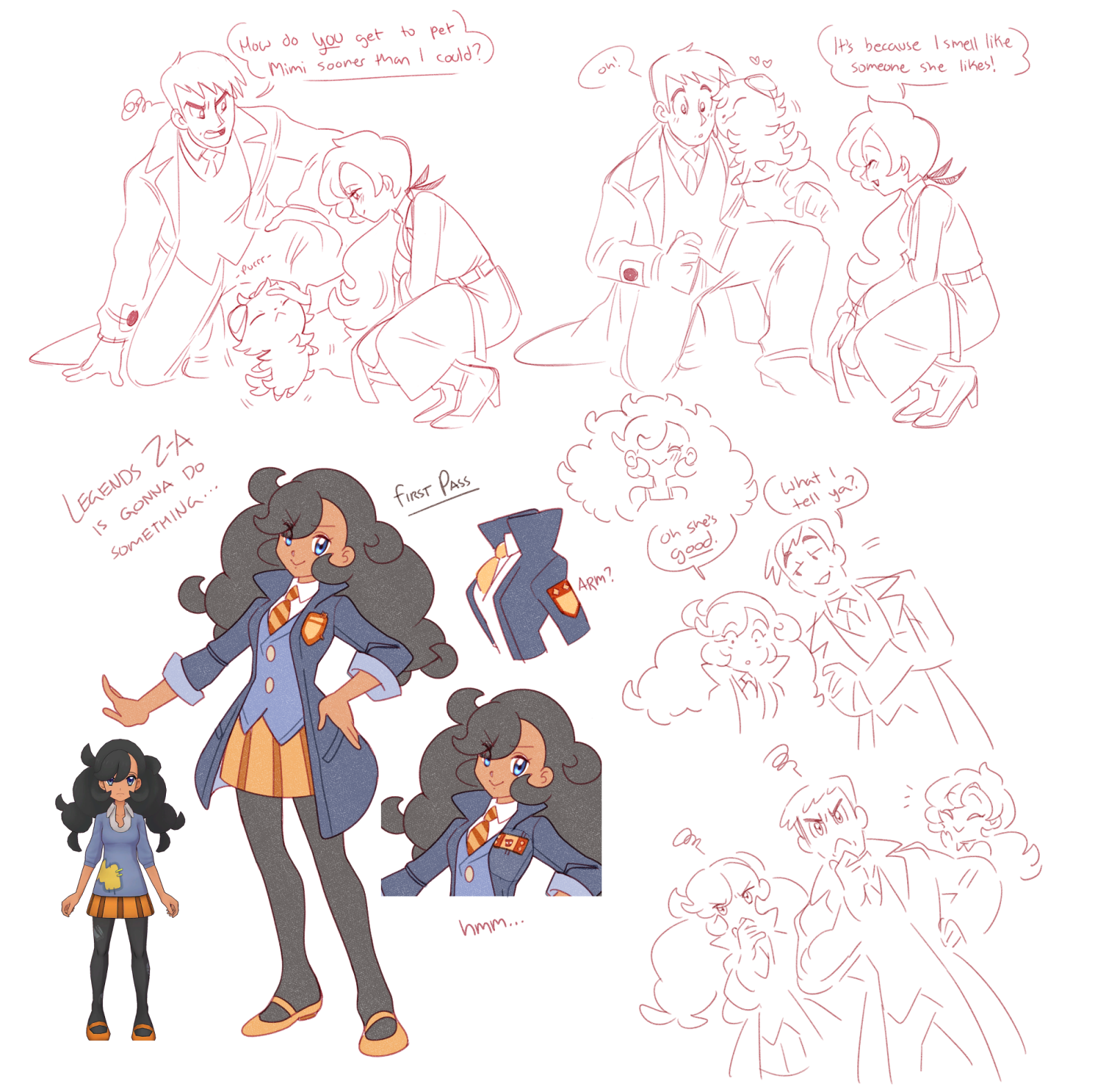 1boy 2girls alternate_costume anabel_(pokemon) black_hair blue_coat blue_eyes coat dark-skinned_female dark_skin diagonal-striped_clothes diagonal-striped_necktie emma_(pokemon) english_text espurr gen_6_pokemon hand_on_own_chin heart highres imitating looker_(pokemon) multiple_girls necktie nintendo open_clothes open_coat petting pokemon pokemon_legends:_z-a pokemon_masters_ex pokemon_sm pokemon_xy reference_inset simple_background squiggle striped_clothes vergolophus white_background