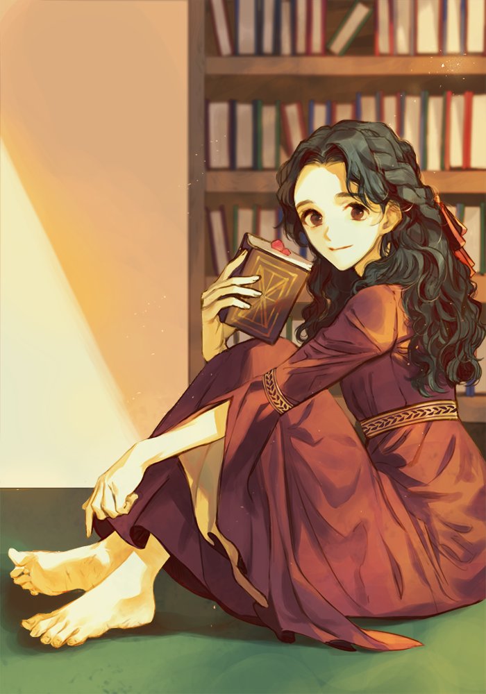 1girl barefoot black_hair blurry blurry_background book bookshelf braid brown_eyes chanoo_artz commentary_request commission dress fingernails holding holding_book indoors knees_up korean_commentary large_forehead light_particles long_hair original red_dress sitting smile solo toes wide_sleeves