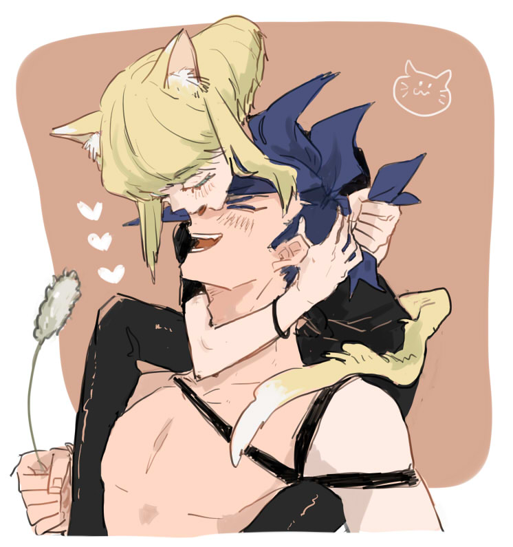 2boys animal_ears arm_around_neck black_pants black_shirt blonde_hair blue_hair blush bracelet cat_boy cat_ears cat_tail commentary_request eyelashes galo_thymos hand_in_another&#039;s_hair holding holding_cat_teaser jewelry kemonomimi_mode laughing licking licking_another&#039;s_face lio_fotia male_focus multiple_boys open_mouth pants pectorals promare shirt short_sleeves tail teeth tongue tongue_out topless_male yaoi yukikotonoha
