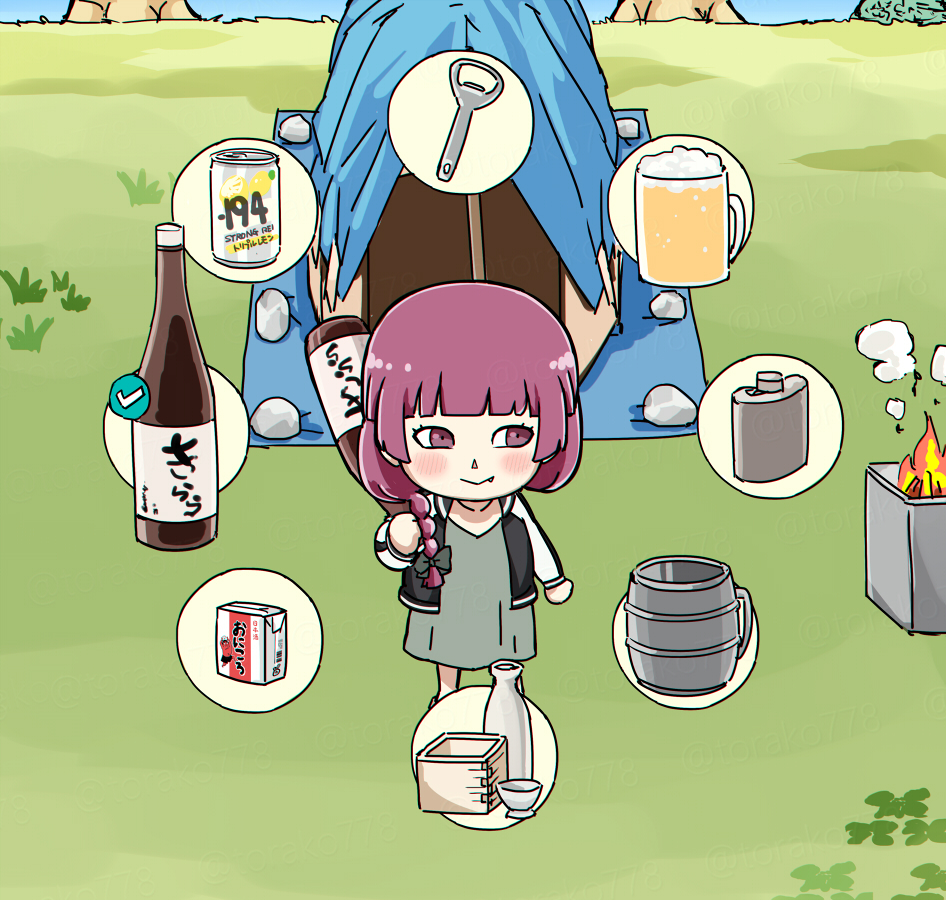 1girl alcohol_carton animal_crossing animal_crossing_(style) beer_can beer_mug blush bocchi_the_rock! bottle bottle_opener can checkmark chibi choko_(cup) closed_mouth cup dress drink_can fang fang_out fire green_dress hip_flask hiroi_kikuri holding holding_bottle jacket long_hair masu mug nintendo open_clothes open_jacket outdoors purple_eyes purple_hair rock sake_bottle solo standing tent torako_(toramaru)