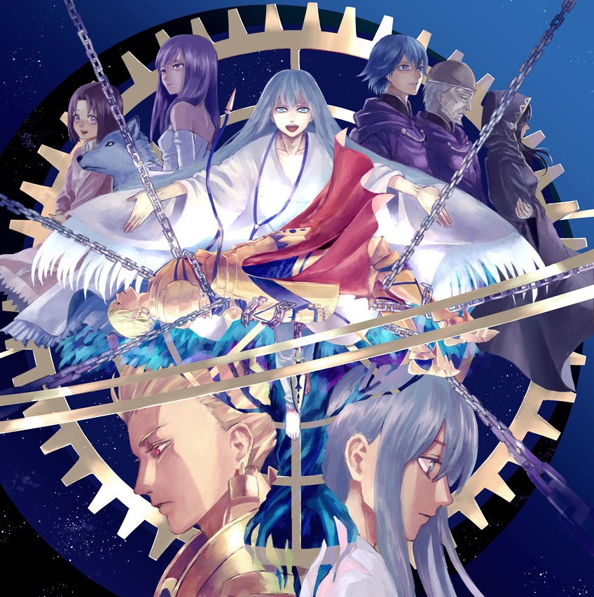 3girls 4boys armor chain enkidu_(fate) enkidu_(weapon)_(fate) faldeus fate/strange_fake fate_(series) flat_escardos gears gilgamesh_(fate) hisakinin jester_calture kuruoka_tsubaki multiple_boys multiple_girls no_name_assassin_(fate) rohngall_(fate) tine_chelc wolf