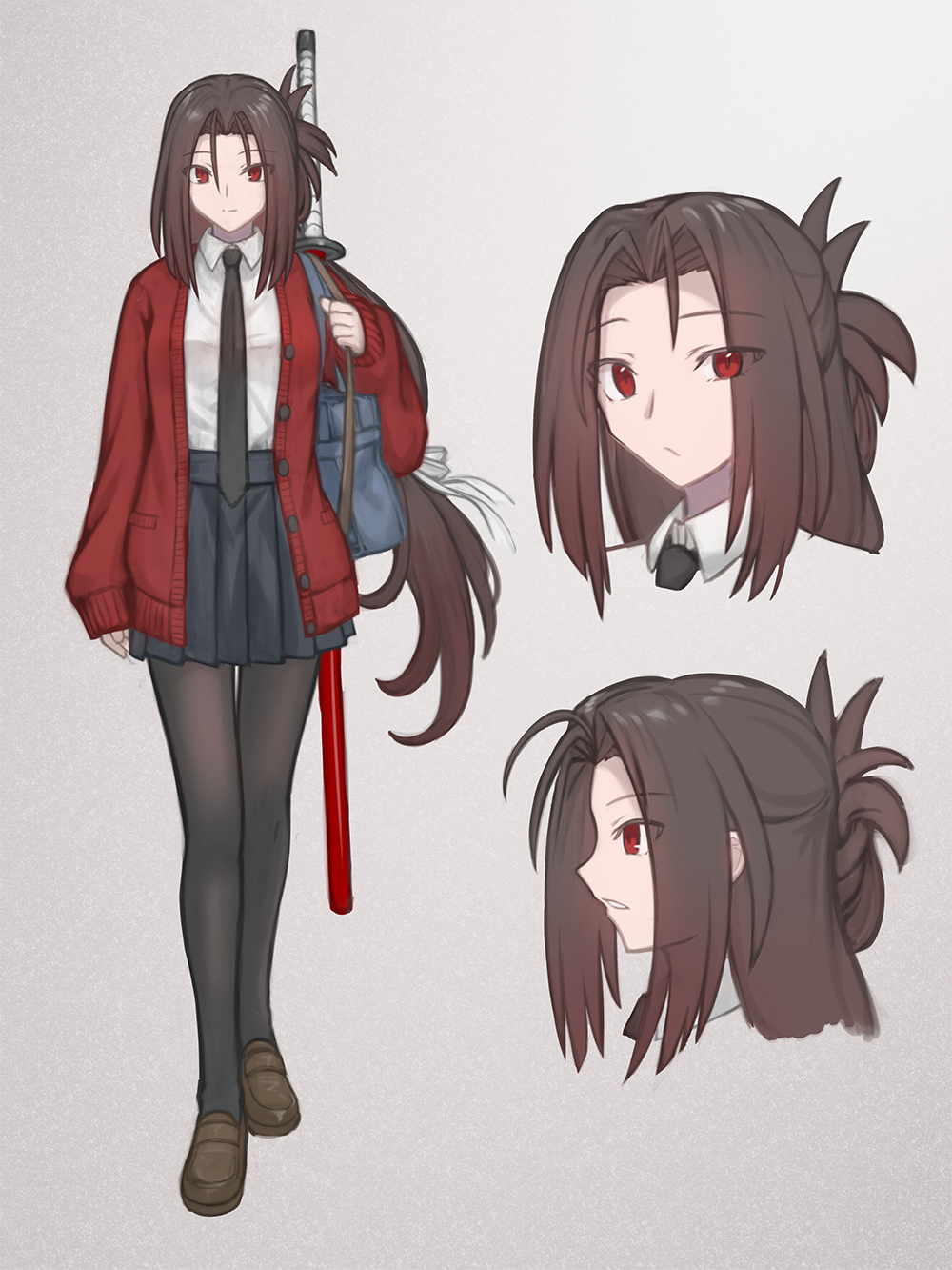 1girl bag black_pantyhose brown_hair high_ponytail highres holding holding_weapon kendo long_hair looking_at_viewer necktie original over_shoulder pantyhose ponytail red_eyes school_bag school_uniform shoori_(migiha) simple_background skirt sword takeuchi_takashi_(style) weapon weapon_over_shoulder wooden_sword
