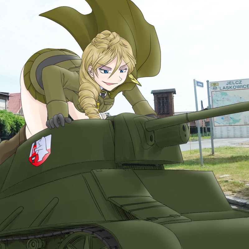 1girl black_necktie blonde_hair blue_eyes bonple_(emblem) bonple_military_uniform breasts brown_cape brown_jacket brown_skirt cape collared_shirt commentary_request girls_und_panzer girls_und_panzer_ribbon_no_musha hair_bun jacket jajka_(girls_und_panzer) long_hair long_sleeves makeup military_vehicle miniskirt motor_vehicle necktie open_mouth pleated_skirt poland real_life shirt skirt smile smug t_jiroo_(ringofriend) tank thighs translation_request white_shirt