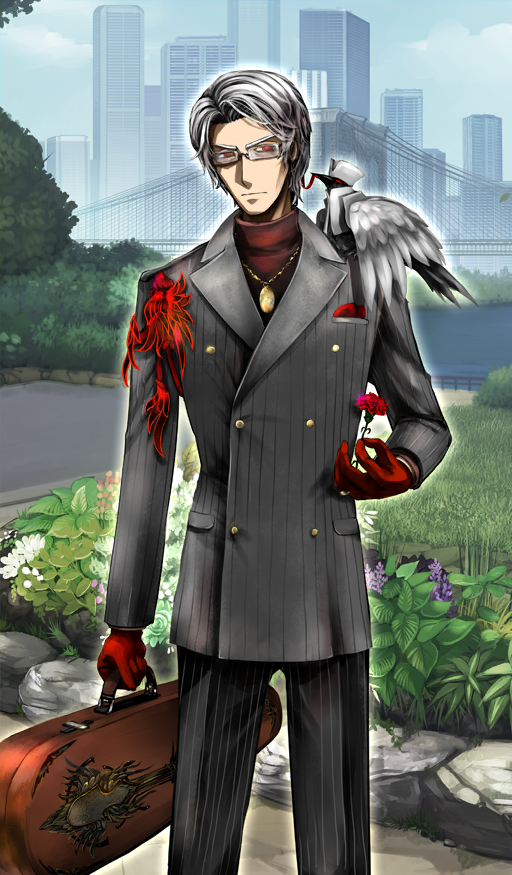 1boy animal animal_on_shoulder antonio_salieri_(fate) antonio_salieri_(traveling_outfit)_(fate) arm_at_side bag bird bird_on_shoulder bridge building buttons city cloud commentary cowboy_shot day double-breasted dress_pants fate/grand_order fate_(series) feathers flower glasses gloves grass grey_hair grey_jacket grey_pants holding holding_bag holding_flower instrument_case jacket jewelry lapels light_frown long_sleeves looking_to_the_side male_focus necklace notched_lapels official_art outdoors pants pfalz pinstripe_jacket pinstripe_pants pinstripe_pattern red_eyes red_feathers red_flower red_gloves red_shirt shirt short_hair sky solo standing suit_jacket sunlight the_man_in_grey_(fate) third-party_source tree turtleneck v-shaped_eyebrows water