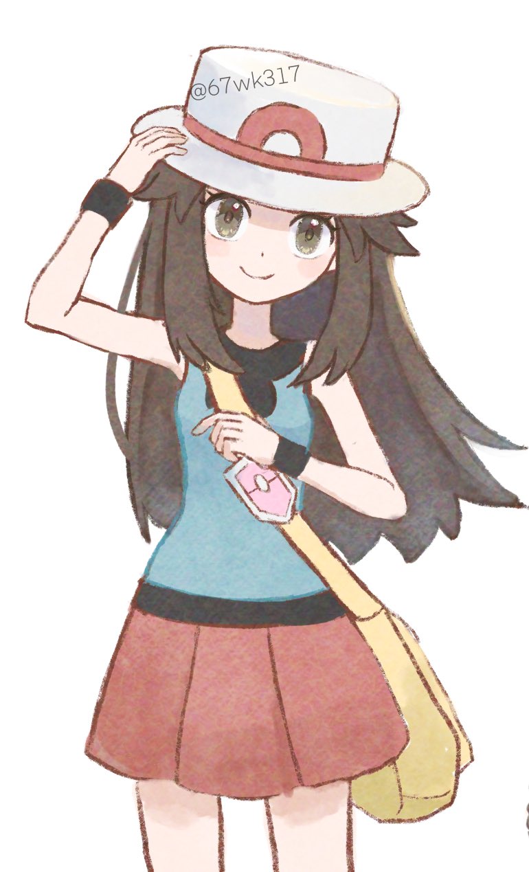 1girl 67wk317 bag blue_shirt brown_eyes brown_hair closed_mouth hat highres leaf_(pokemon) long_hair looking_at_viewer nintendo pokemon pokemon_frlg red_skirt shirt shoulder_bag skirt sleeveless sleeveless_shirt smile solo twitter_username white_background white_hat wristband yellow_bag