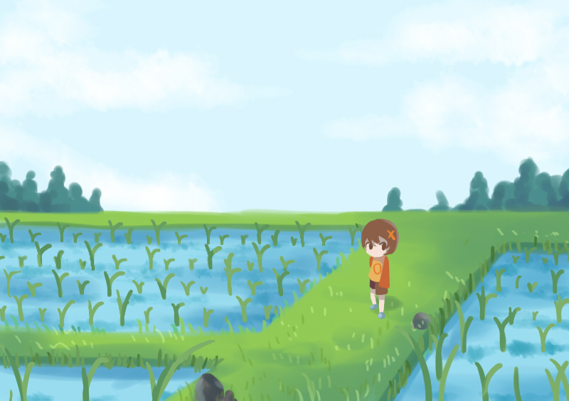 1girl brown_eyes brown_hair chie_(lcddem) cloud female_focus hair_ornament lcddem night night_(pixiv) nightmargin pants rice_paddy rock shadow shoes short_hair shorts sky solo tree