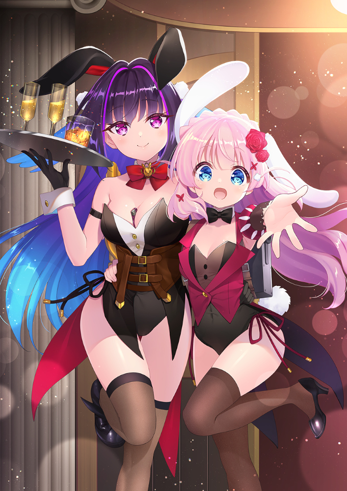 2girls :d animal_ears black_gloves black_hair blue_eyes closed_mouth flower gloves hair_flower hair_ornament haizakura_(prima_doll) holding karasuba_(prima_doll) leotard long_hair looking_at_viewer multicolored_hair multiple_girls open_mouth pink_hair playboy_bunny ponytail prima_doll_(anime) purple_eyes purple_hair rabbit_ears rabbit_tail smile streaked_hair tail thighhighs x_hair_ornament