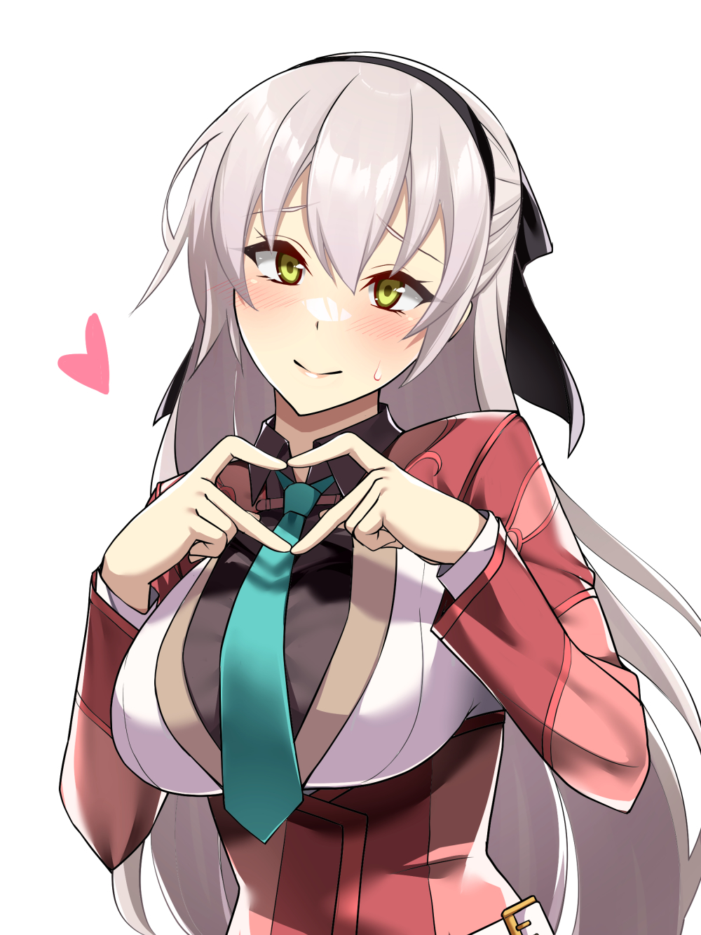 1girl aqua_necktie black_hairband blush breasts closed_mouth commentary dot_nose eiyuu_densetsu elie_macdowell furrowed_brow green_eyes grey_hair hair_between_eyes hairband hajimari_no_kiseki heart heart_hands highres large_breasts long_hair mizuno_asami necktie simple_background smile solo sweat symbol-only_commentary upper_body white_background