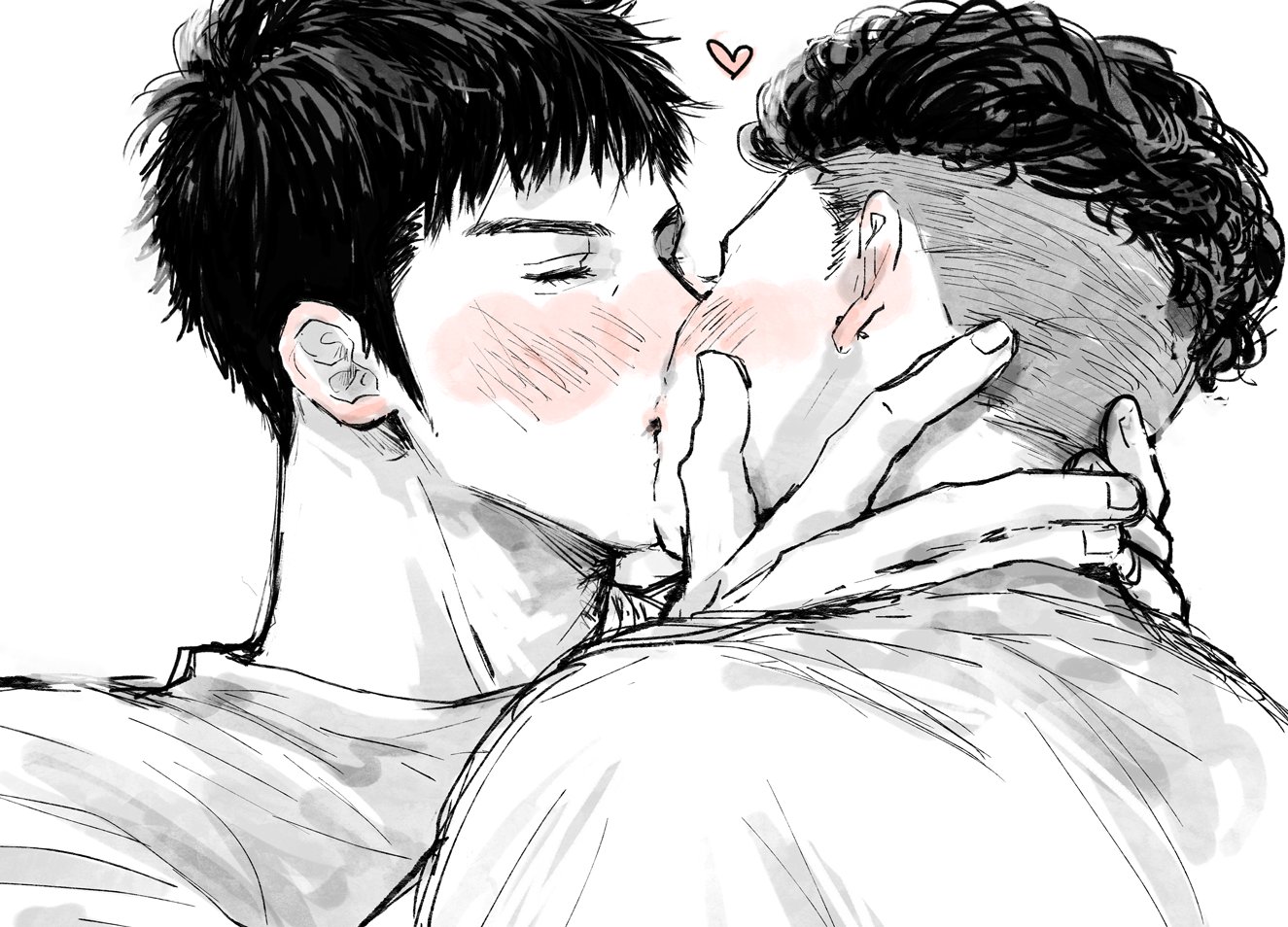 2boys blush closed_eyes commentary_request couple crew_neck curly_hair hand_on_another&#039;s_neck heart kiss male_focus mitsui_hisashi miyagi_ryouta multiple_boys shirt short_hair sideburns simple_background slam_dunk_(series) spot_color t-shirt upper_body white_background yao0597 yaoi