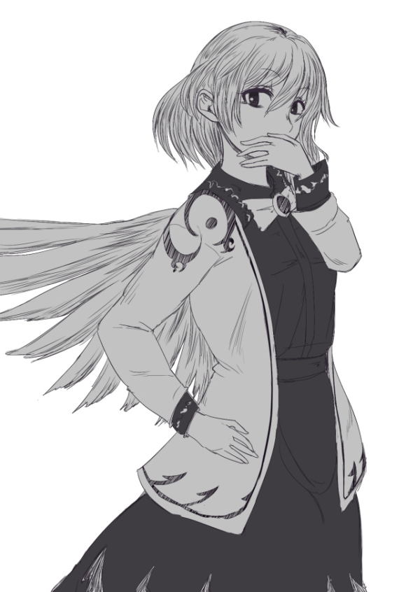 1girl commentary_request covering_own_mouth cowboy_shot dress greyscale hand_on_own_hip hand_over_own_mouth hanemikakko jacket kishin_sagume long_sleeves looking_at_viewer monochrome open_clothes open_jacket simple_background single_wing solo touhou wings