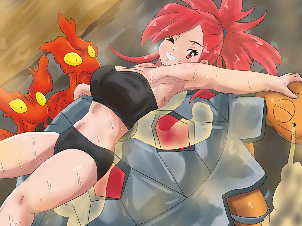 1girl armpits breasts commentary_request dutch_angle flannery_(pokemon) gaoren7 gen_2_pokemon gen_3_pokemon grin hair_tie hot large_breasts long_hair looking_at_viewer lying navel nintendo on_back one_eye_closed pokemon pokemon_(creature) pokemon_rse ponytail red_eyes red_hair sauna slugma smile solo sportswear steam stomach sweat swept_bangs thighs torkoal