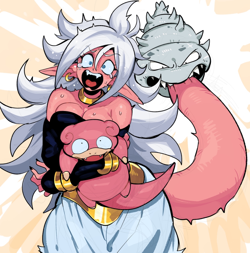 1girl android_21 biting biting_another&#039;s_tail black_nails blue_eyes breasts color_connection colored_skin commentary_request crossover dragon_ball dragon_ball_fighterz earrings game_freak gen_1_pokemon gold_earrings holding hoop_earrings injury jewelry large_breasts long_hair majin_android_21 multiple_others nanika_(nnkgh) nintendo pain pink_skin pokemon screaming simple_background slowbro slowpoke tail very_long_hair white_hair