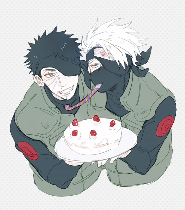2boys birthday_cake black_hair cake food forehead_protector grin hatake_kakashi heart long_sleeves looking_at_viewer male_focus mask mouth_mask multiple_boys naruto_(series) naruto_shippuuden scar scar_on_face short_hair smile spiked_hair uchiha_obito vest vosovic