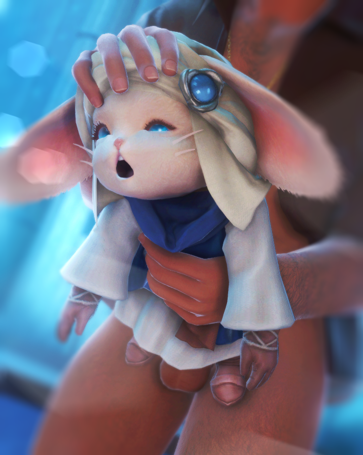 1boy 1girl ahegao blue_eyes bottomless clothed_female_nude_male clothed_sex final_fantasy final_fantasy_xiv furry hat head_grab holding holding_hips interspecies livingway loporrit moaning nude open_mouth plumage rabbit_ears sex size_difference testicles vaginal whiskers white_fur