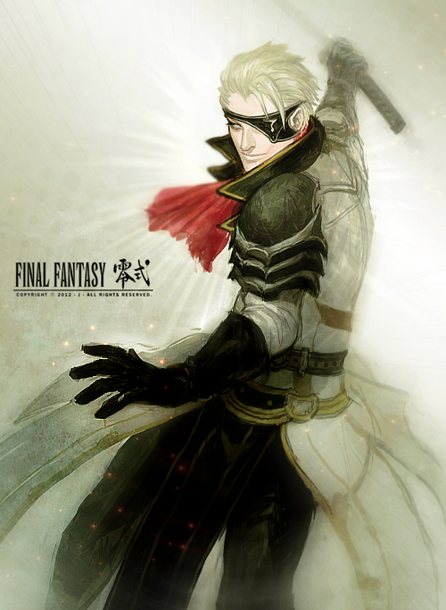 1boy ascot blonde_hair blue_eyes blurry depth_of_field eyepatch final_fantasy final_fantasy_type-0 gloves j_(onose1213) katana male_focus qator_bashtar silver_hair solo sword weapon