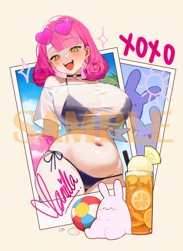 1girl ball bare_shoulders beachball bikini bikini_under_clothes bilingual_commentary black_bikini black_choker blue_sky blush breasts character_signature choker cloud cloudy_sky collarbone commentary cup day drink drinking_glass drinking_straw earrings eden_(shiroki_yuutsu) english_commentary fang flower-shaped_hair food fruit glint heart heart_choker heart_o-ring holding holding_swim_ring huge_breasts ice ice_cube innertube jewelry lemon lemon_slice lemonade looking_at_viewer medium_hair mixed-language_commentary navel o-ring o-ring_choker off-shoulder_shirt off_shoulder open_mouth original outdoors pink-tinted_eyewear pink_hair pink_innertube polaroid_photo rabbit sample_watermark see-through_clothes see-through_shirt shirt side-tie_bikini_bottom single_earring sky smile sparkle stomach sunglasses sweat swim_ring swimsuit teeth thighs tinted_eyewear upper_teeth_only vanilla_(eden_(shiroki_yuutsu)) watermark white_shirt yellow_eyes