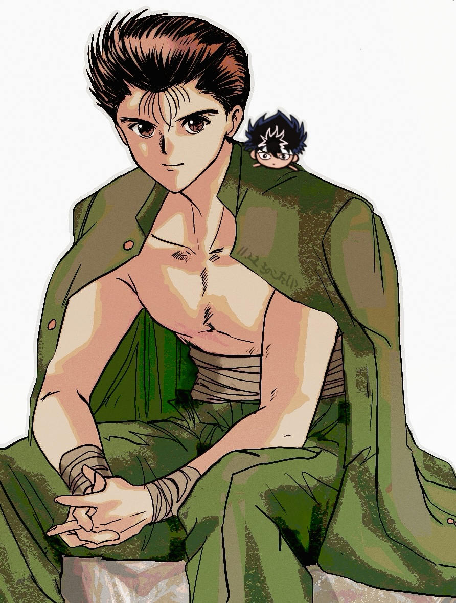 2boys bandages black_hair brown_eyes chibi collarbone commentary_request green_jacket green_pants hiei4455 hiei_(yu_yu_hakusho) jacket jacket_on_shoulders male_focus multiple_boys pants school_uniform simple_background sitting smile spiked_hair urameshi_yusuke white_background yuu_yuu_hakusho