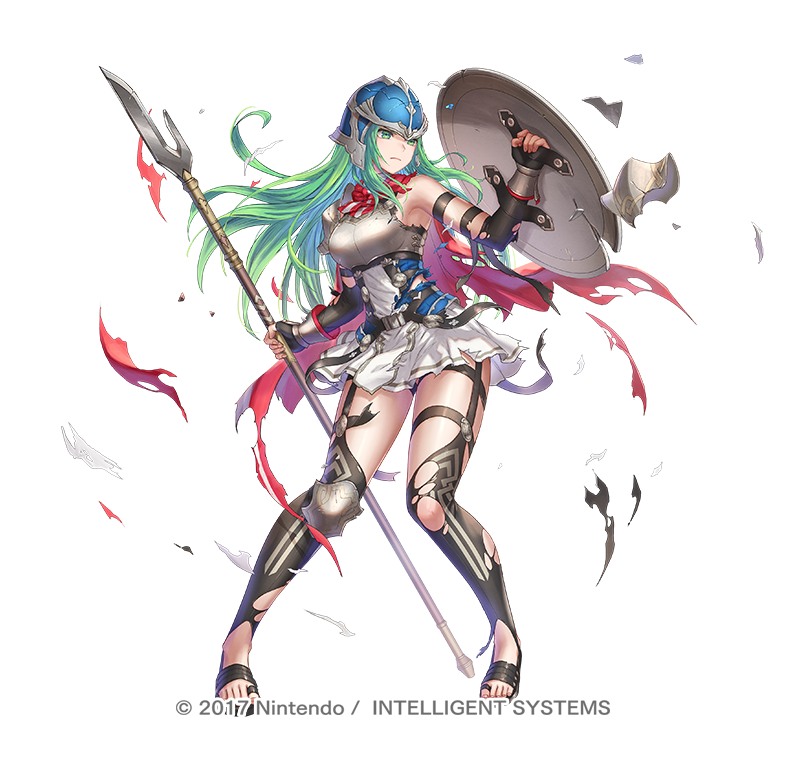 1girl anbe_yoshirou armor armpits bare_shoulders breastplate breasts broken_armor broken_helmet broken_shield cape capelet closed_mouth copyright_notice elbow_gloves feet fingerless_gloves fingernails fire_emblem fire_emblem:_path_of_radiance fire_emblem:_radiant_dawn fire_emblem_heroes full_body gloves green_eyes helmet holding holding_shield holding_weapon knee_pads long_hair medium_breasts nephenee_(fire_emblem) nephenee_(resplendent)_(fire_emblem) nintendo official_art pelvic_curtain polearm sandals shield shoulder_armor skirt solo spear standing thigh_strap thighhighs toenails toes torn_cape torn_clothes weapon white_background zettai_ryouiki