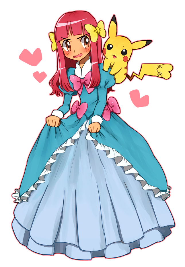 1boy ako_(ako0905) ash_ketchum ashley_(pokemon_bw098) blue_dress blush bow commentary_request creatures_(company) crossdressing dress embarrassed full_body game_freak gen_1_pokemon heart long_dress long_hair male_focus nintendo on_shoulder open_mouth pikachu pink_bow pokemon pokemon_(anime) pokemon_(creature) pokemon_bw098 pokemon_bw_(anime) pokemon_on_shoulder red_hair simple_background trap white_background wig