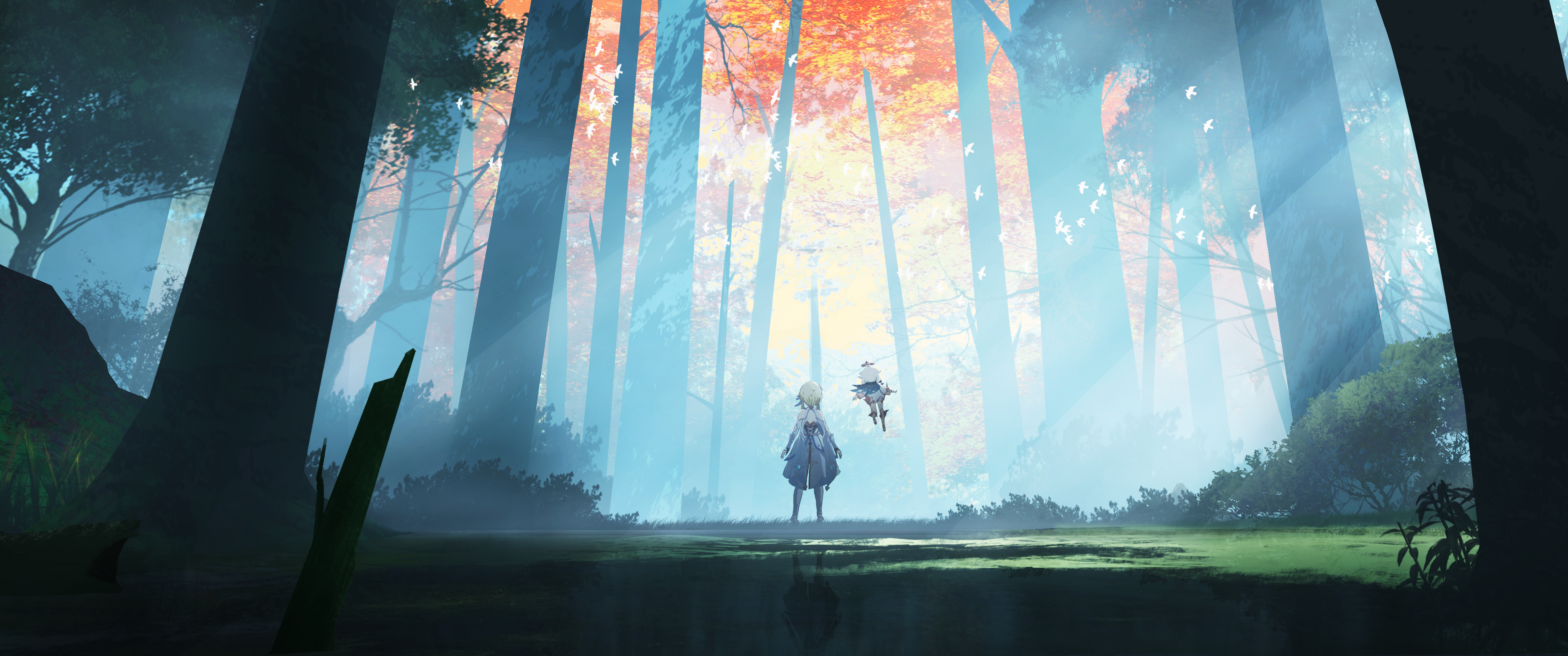 2girls absurdres bird blonde_hair blue_scarf dappled_sunlight de4d_fish dress floating forest full_body genshin_impact halo highres long_hair lumine_(genshin_impact) multiple_girls nature paimon_(genshin_impact) scarf scenery sunlight tree white_dress white_hair white_scarf wide_shot