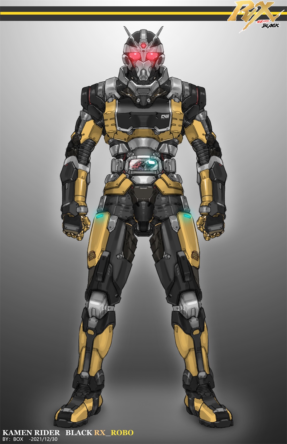 1boy armor armored_legwear black_armor character_name chinese_commentary clenched_hands commentary_request full_armor full_body glowing glowing_eyes grey_background highres kamen_rider kamen_rider_black_rx_(series) red_eyes rider_belt roborider robot simple_background standing v-fin xiangzi_box yellow_armor
