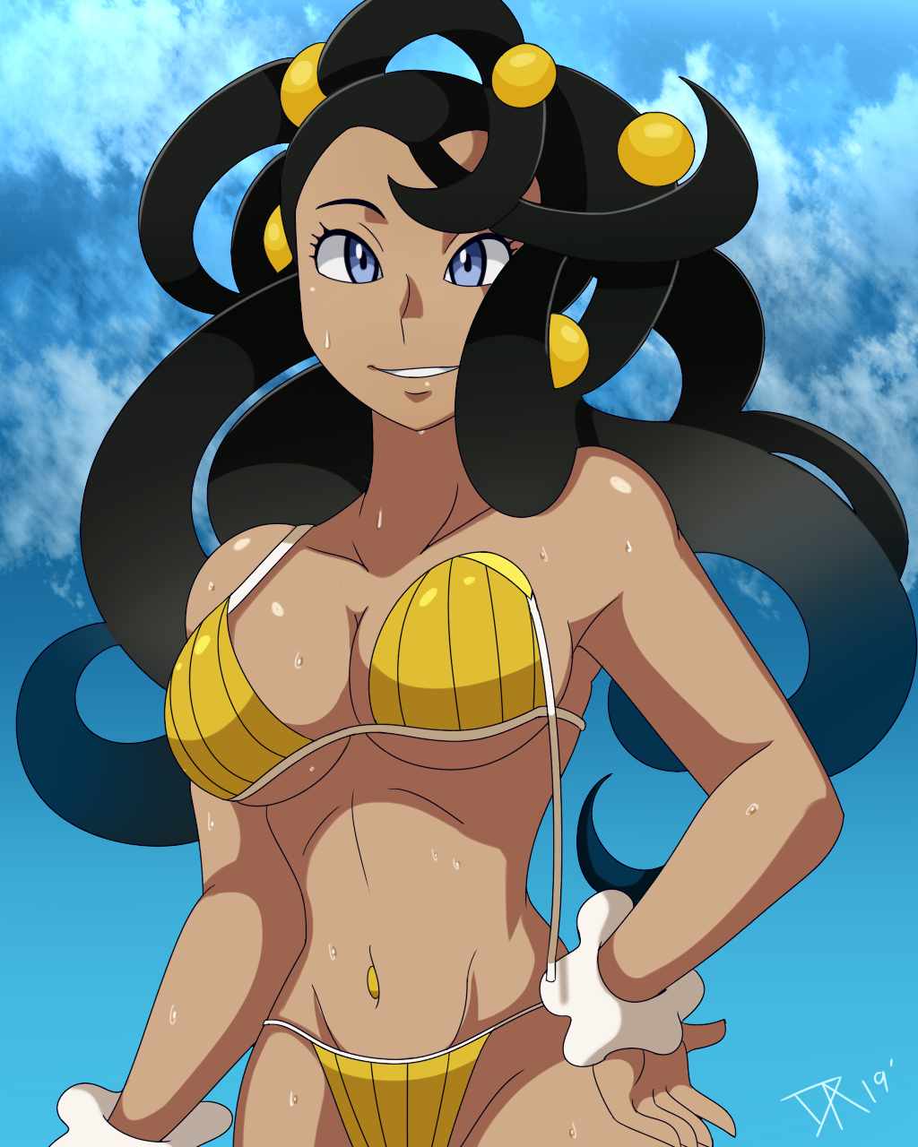 1girl bare_arms bare_shoulders bikini black_hair blue_eyes blue_sky breasts cleavage cloud collarbone cowboy_shot dahlia_(pokemon) dalley-the-alpha dark-skinned_female dark_skin dated eyelashes female_focus frontier_brain groin hair_ornament hand_on_own_hip highres hip_focus large_breasts long_hair looking_at_viewer navel navel_piercing nintendo parted_lips piercing pokemon pokemon_dppt pokemon_platinum scrunchie signature sky solo stomach sweat swimsuit wrist_scrunchie yellow_bikini